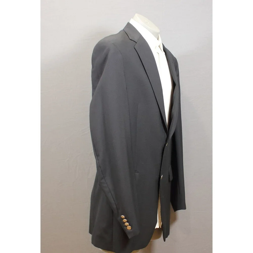 Hart Schaffner Marx Navy Blue Solid Wool Blazer Sport Coat 2 Silver Btn USA 44L